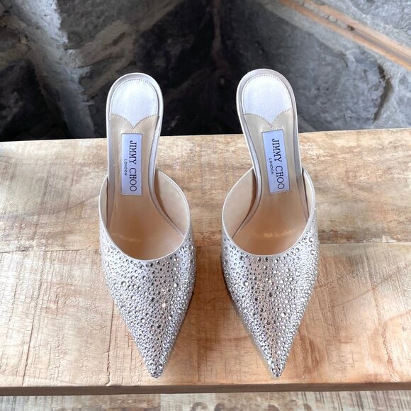 Jimmy Choo Crystal Embellished Satin Rav 100 Heeled Mules - Picture 2 of 10